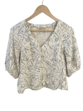 A New Day White Button-Front Linen Blend Top with Black Floral Print | Size M